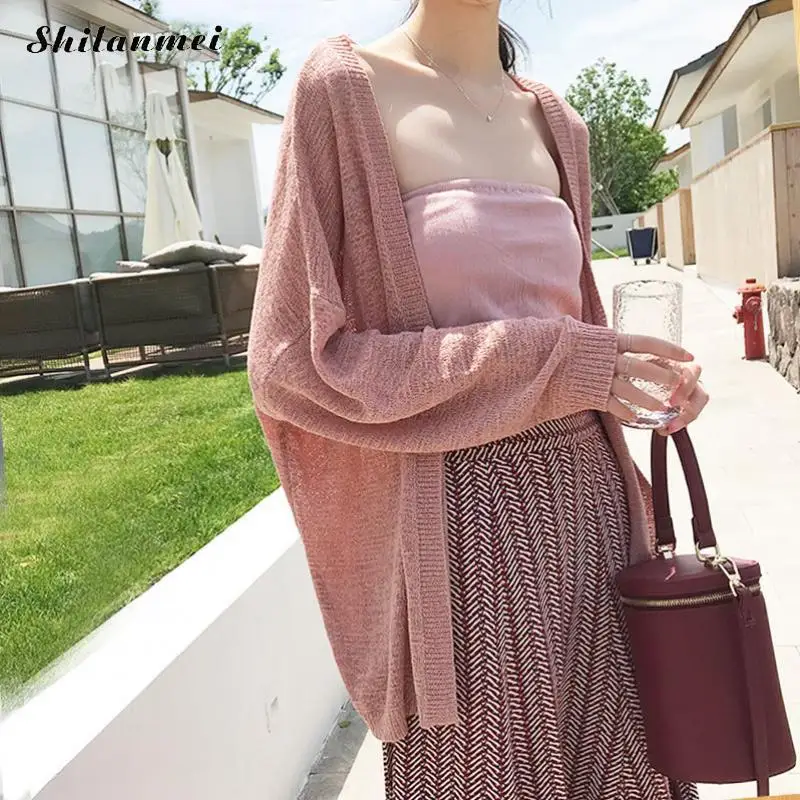 

Korean Women Long Cardigan Coat V-Neck Sexy Pink Purple Loose Plus Size Long Sleeve Sweater Jacket Sweet Korean Knitted Cardigan