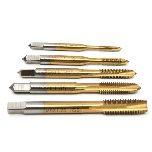 

5pcs HSS Titanium Machine Right Hand Tap Drill 3 Flute M3 M4 M5 M6 M8 Spiral Point Thread Plug Handle Taps Die Set