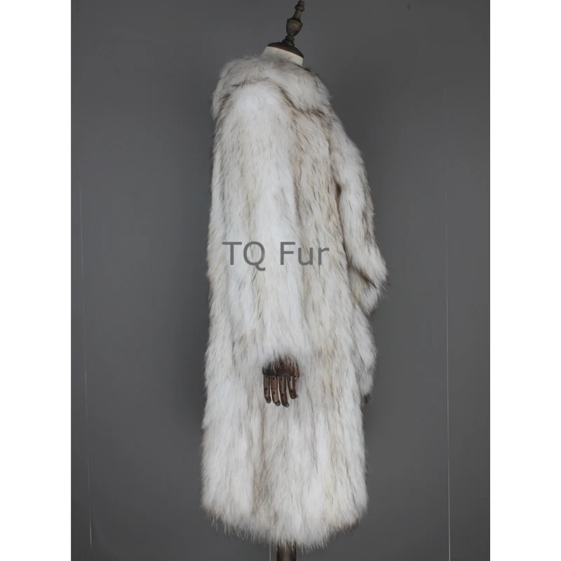 Winter Women Overcoat Knit Raccoon Fur X-Long Coat With Falbala Collar Full Sleeves Outerwear Natural