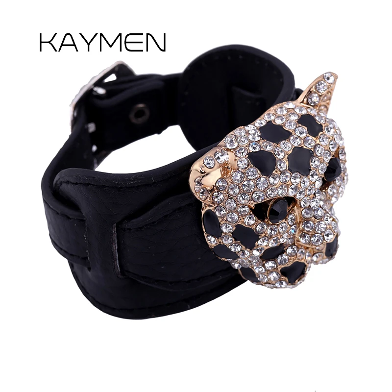 Модные полные стразы и кожа Bracelelt леопардовый рисунок головы браслет для женщин с