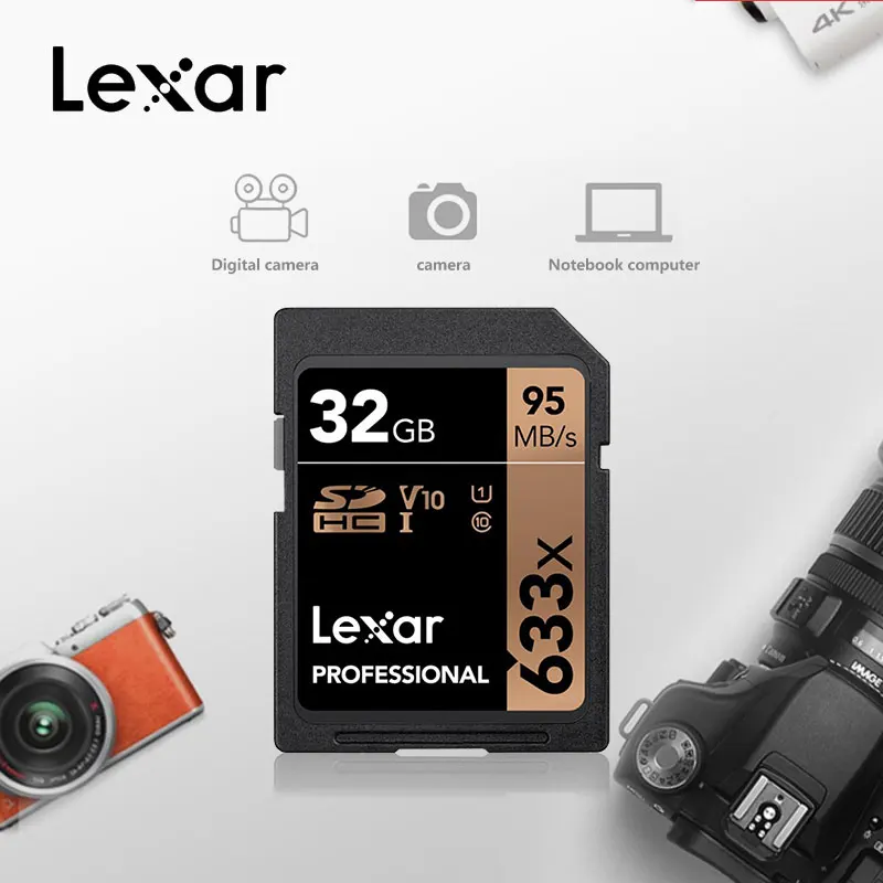 Новое поступление Lexar 95 м/с 633x32 Гб U1 SDHC 64 Гб 128 ГБ 256 512 1 ТБ U3 SDCard SDXC C10 слот для карт памяти для 1080p видео Камера