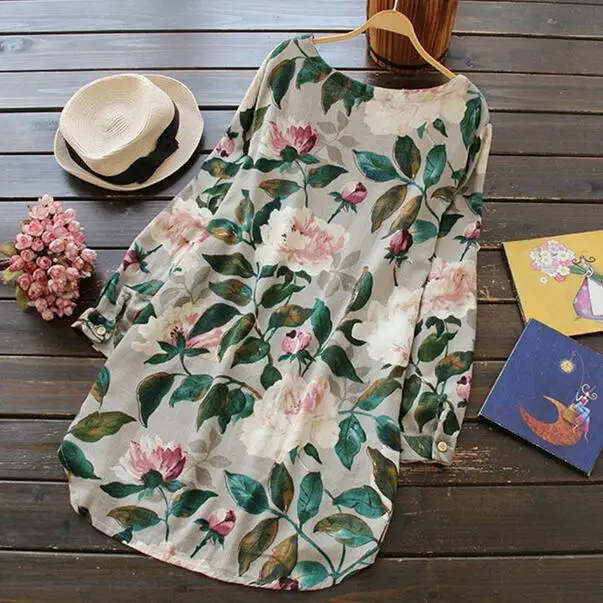 Peony flowers fresh spring green leaves print o-neck loose shirt mori girl AH586 |