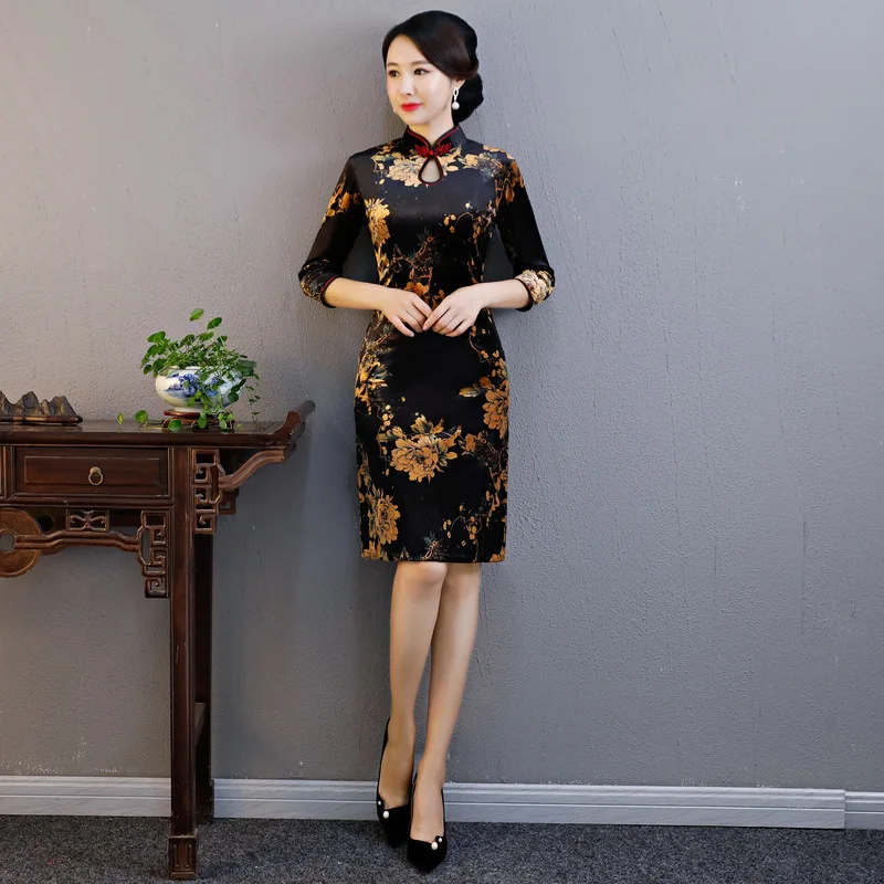 Современный черный цветок Cheongsam Длинные Платья Восточный стиль ожерелье винтажное платье Qi Pao женское традиционное китайское платье Qipao - Цвет: Flower posture black