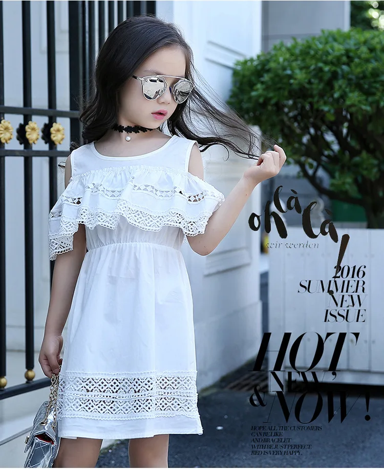 Girls Off Shoulder Dress 2020 Summer Style Lace with Sleeves Teenage Fashion Cotton Hollow Out Clothes | Детская одежда и обувь