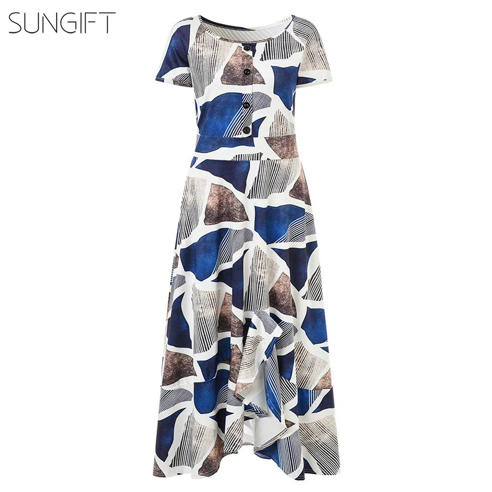 Женское платье с асимметричным подолом SUNGIFT элегантное макси круглым вырезом и