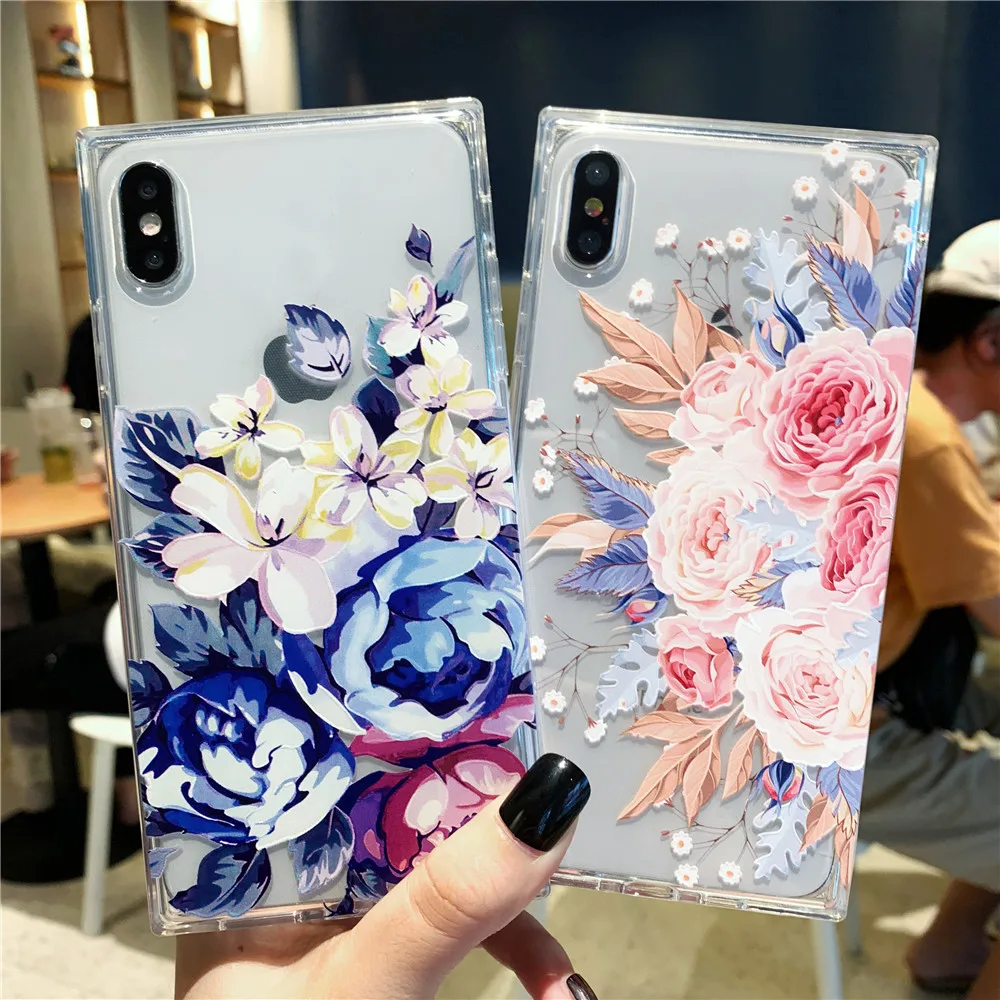 Прозрачный квадратный тиснение Ретро цветок чехол для iPhone X XS MAX XR 8 7 6 S плюс Чехол