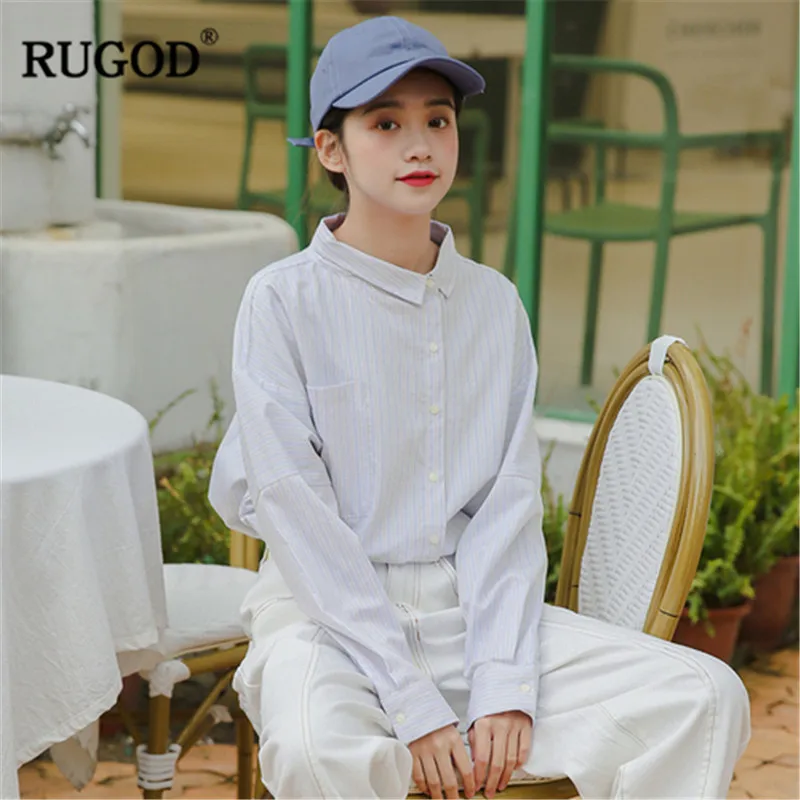 RUGOD Female Long Sleeve Blouse Women striped breasted shirt Casual Office Lady turn down collar top Autumn Blusa |