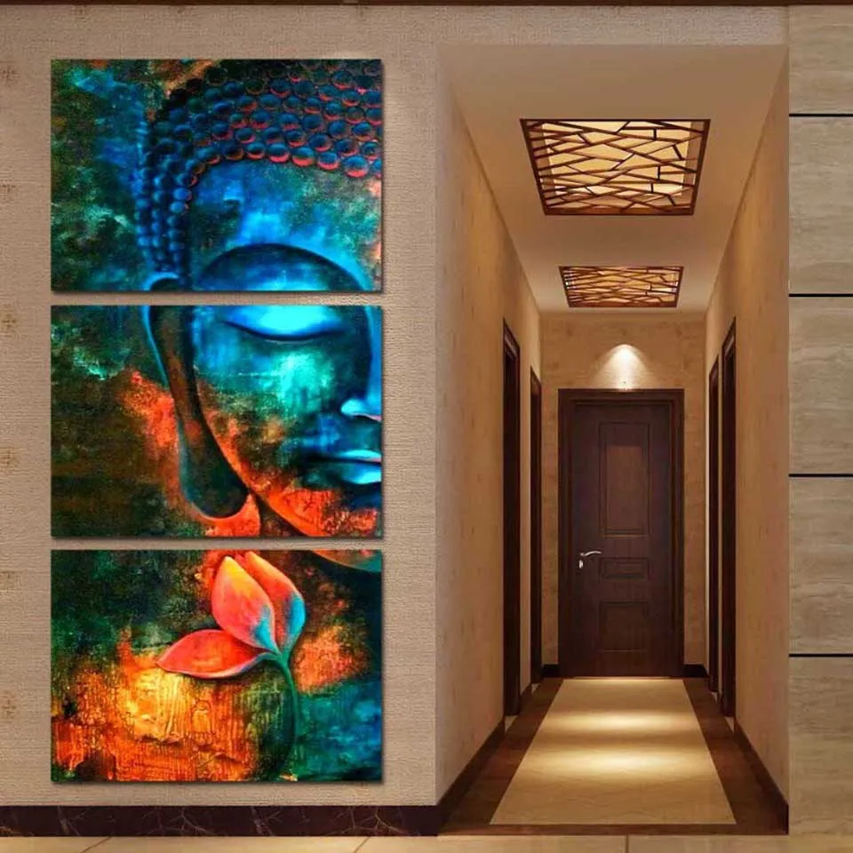 Decoration Frame Canvas Painting HD Poster 3 Panel Blue Buddha Portrait Wall Art Home For Living Room Modern Printed Pictures | Дом и сад