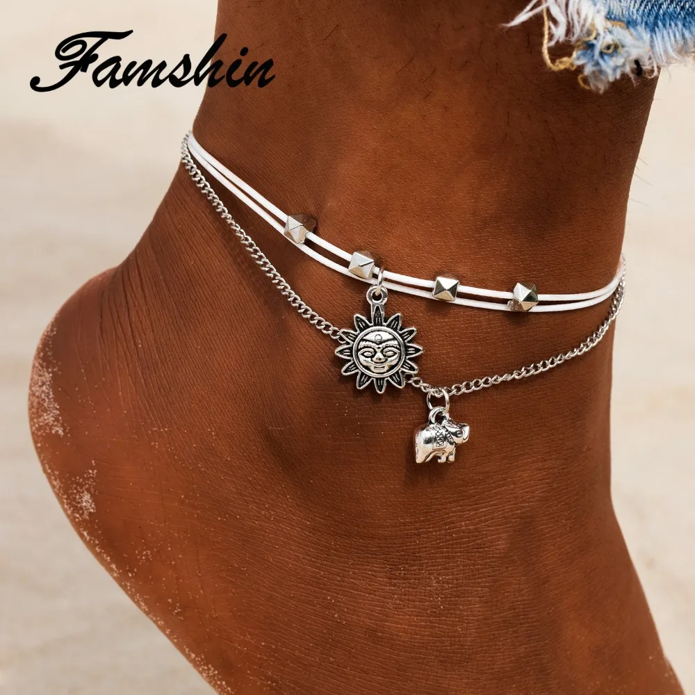 FAMSHIN, винтажные, несколько слоев, ножные браслеты для женщин, слон, защита от солнца, подвеска, талисманы, веревка, цепь, пляж, лето, браслет на лодыжку, ювелирное изделие