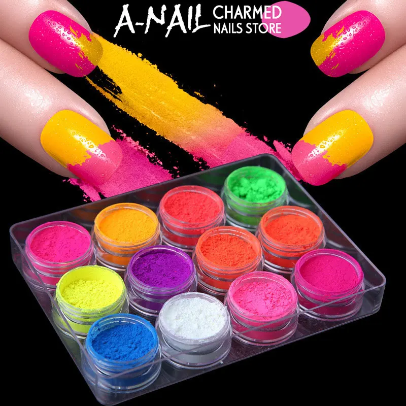 12 баночек/набор неоновый пигмент флуоресцентный блеск для ногтей цвет пудра