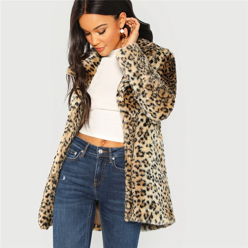SHEIN Модное Пальто Из Эко Меха С Леопардовым Принтом