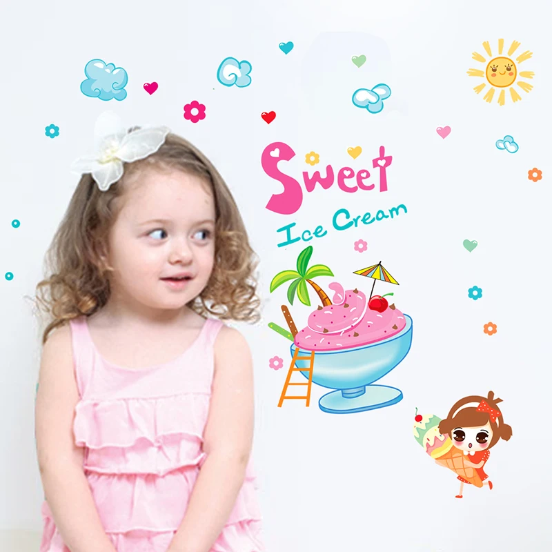Sweet Ice Cream Wall Stickers Creative Small Girl Clouds DIY Decals for Kids Rooms Desserts Shop Glass Decoration | Дом и сад