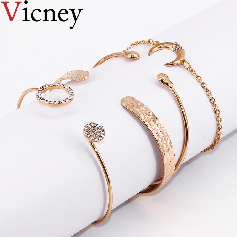 Vicney New 4 Pcs/ Set Fashion Simple Round Crystal Multilayer Adjustable Open Bracelet Party Jewelry Gift for women | Украшения и