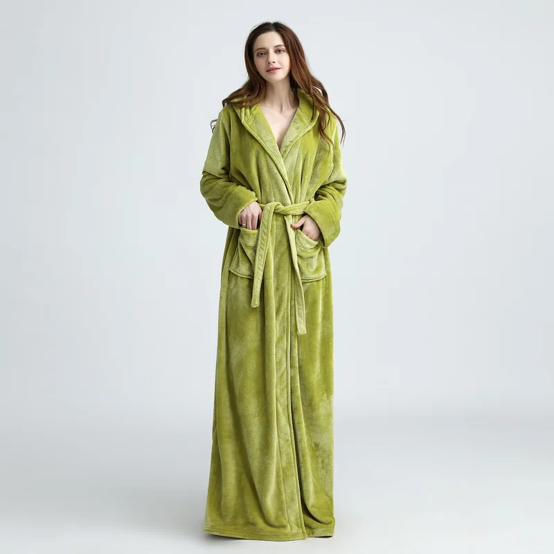Olive green Women Теплый фланелевый Халат с капюшоном для женщин и мужчин, очень длинный теплый зимний банный халат, халат для подружки невесты - Цвет: Olive green Women