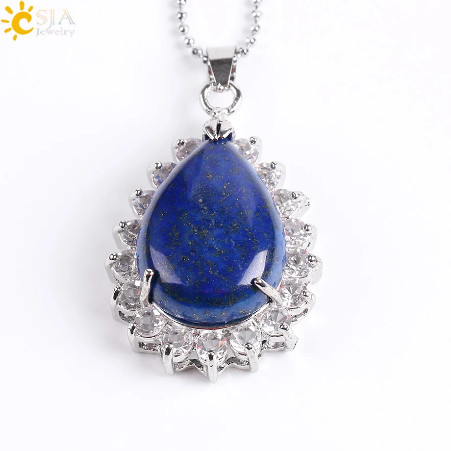 Lapis Lazuli Chain CSJA рейки натуральный драгоценный камень капли воды ожерелье Подвески фиолетовый розовый кварц Лазурит тигровый глаз опал Стразы ювелирные изделия E829 - Окраска металла: Lapis Lazuli Chain