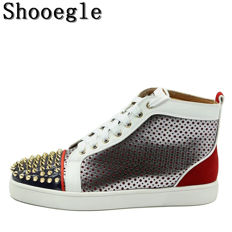 SHOOEGLE/разноцветная Лоскутная Мужская обувь с шипами модные заклепки кроссовки на шнуровке мужские высокие повседневные туфли на плоской подошве Мужские размеры 38-47
