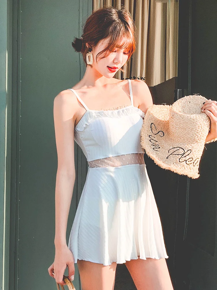 

2019New Korean Women One Piece Swimsuit White Adjustable Sling Strapless Bandeau Cross Strap Back Front-ruche Trimmed Skirt Suit