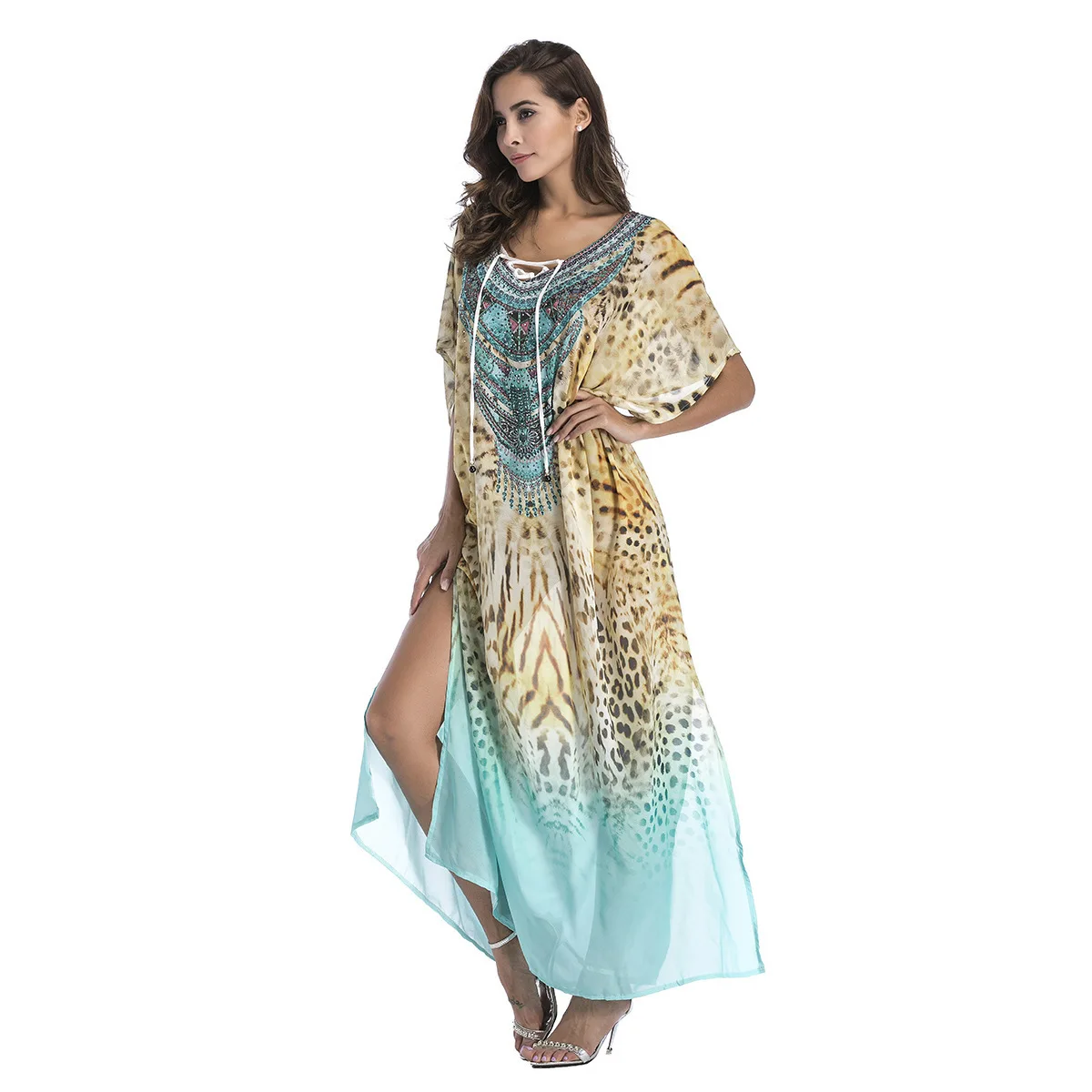 Feiterawn Summer V Neck Rhinestone Boho Print Loose Dress Women Chiffon Long Maxi Dresses Plus Size Leopard Beach | Женская одежда