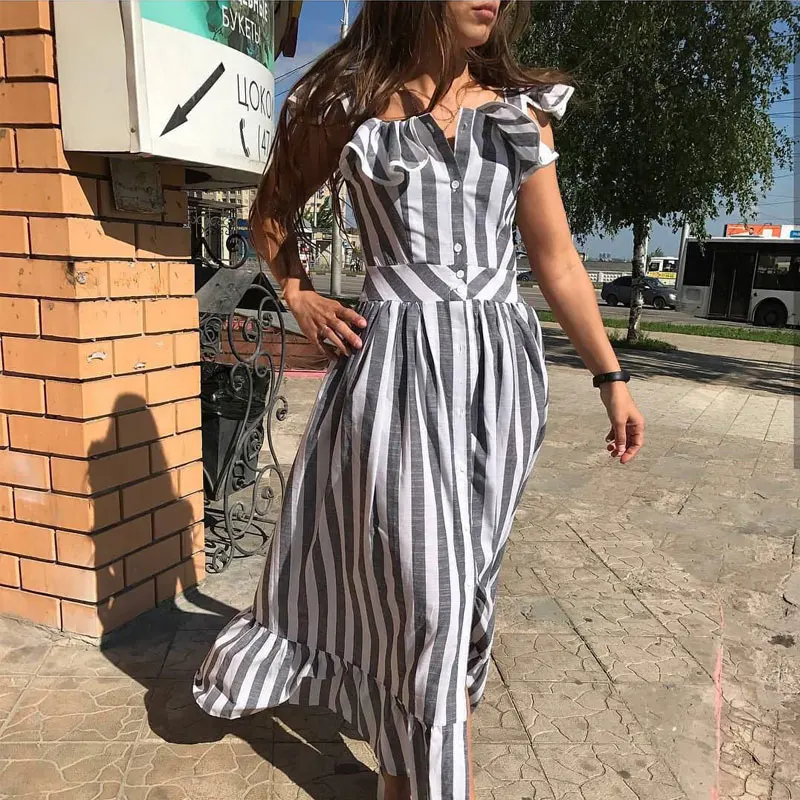 Женское длинное платье в полоску Boho пляжный сарафан с оборками на бретельках