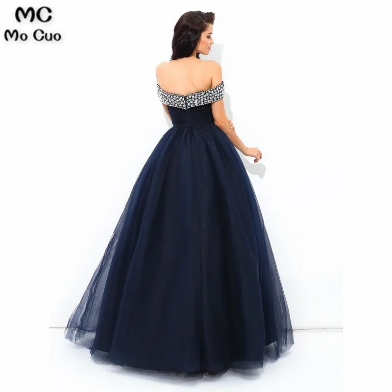 2019 Dark Blue Off Shoulder Evening Dresses Long with Beaded Short Sleeve Tulle Formal Party Dress for Women | Свадьбы и торжества