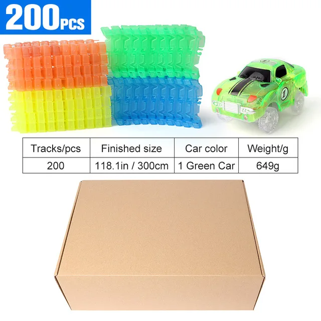 200pcs 1 green car Волшебный светящийся гоночный трек, набор, трек, автомобиль, гибкие светящиеся треки, игрушка DIY, аксессуары для трека, подарки, развивающие игрушки для детей - Цвет: 200pcs 1 green car