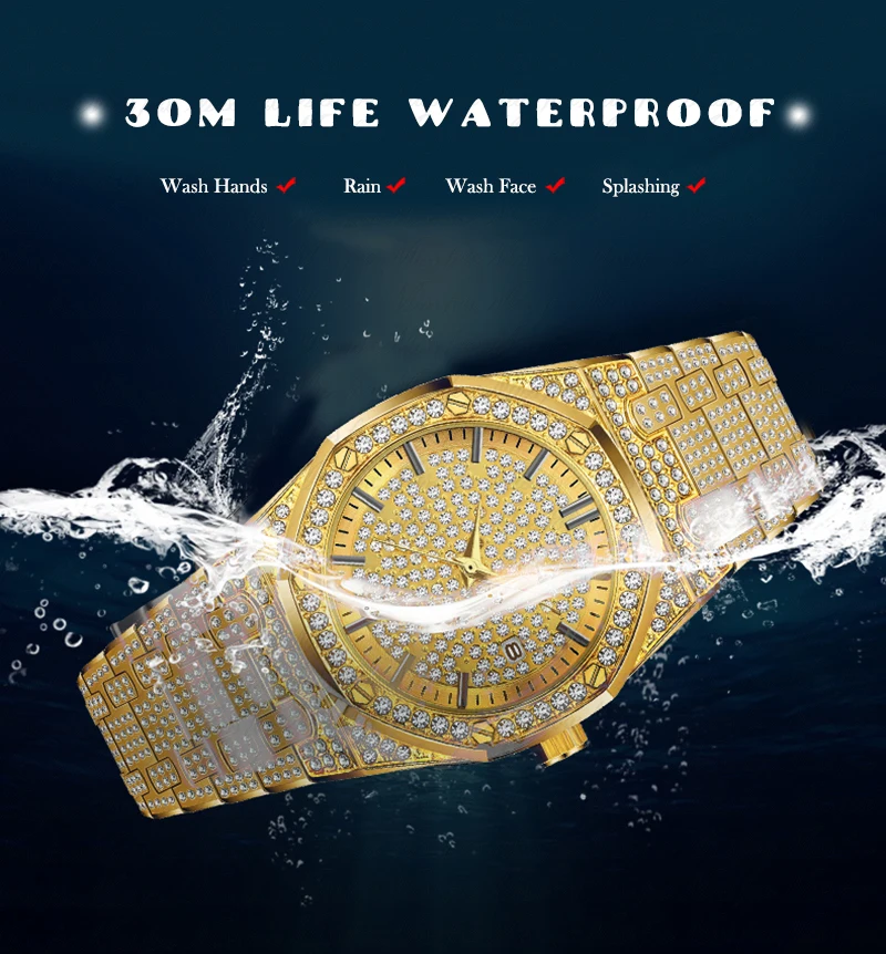 Прямая поставка Роскошные мужские часы Patek золотые часы Аналоговые водонепроницаемые кварцевые часы Календарь Бизнес часы с бриллиантами
