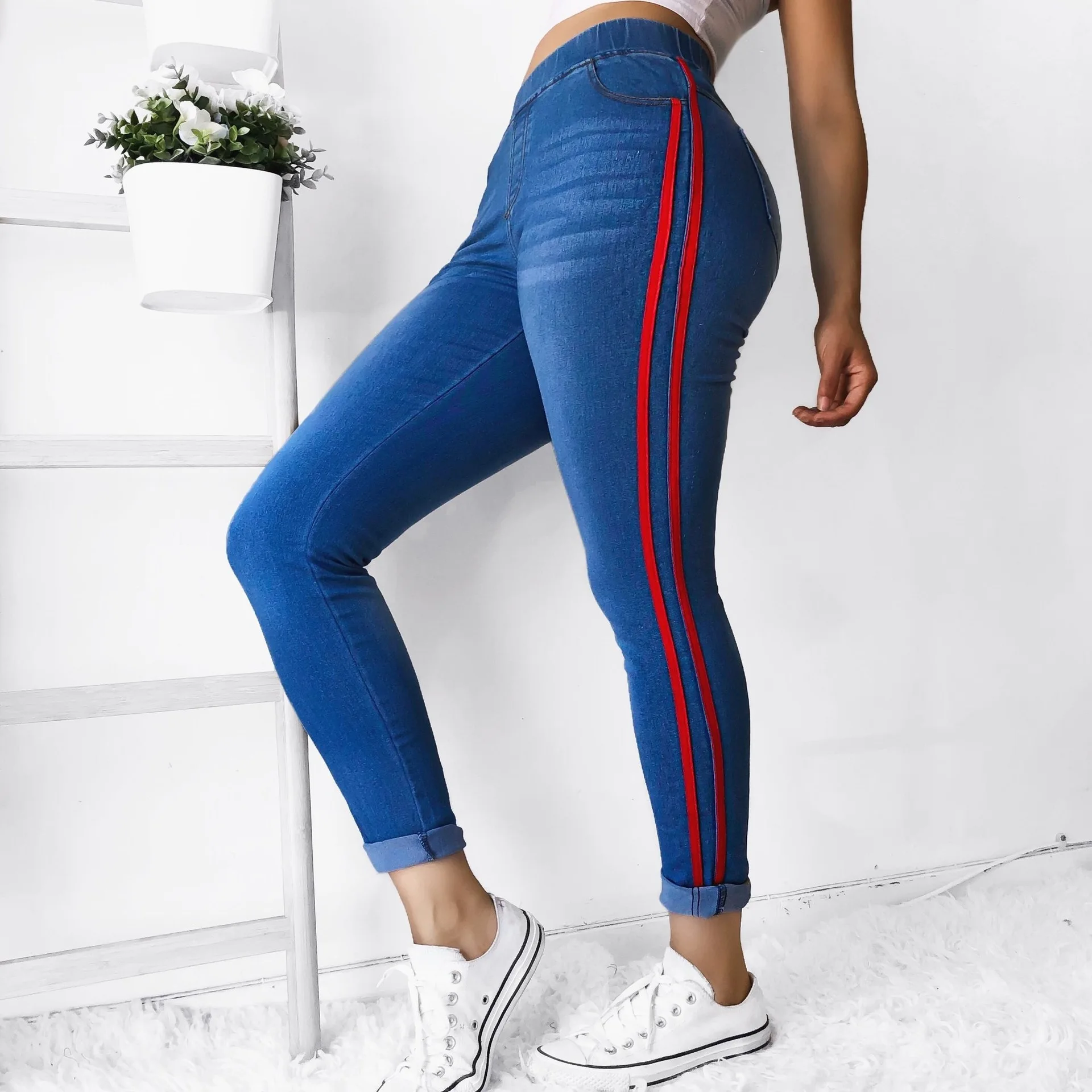 Ripped Jeans Women 2019 Spring Elastic Skinny Slim Holes Womens Stripe Full Length Pencil Pants Plus Size | Женская одежда
