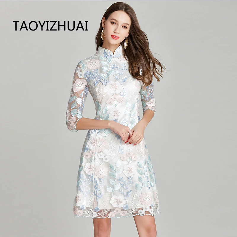 TAOYIZHUAI, китайский стиль, роскошное, летнее, Новое поступление, оболочка, три четверти, длина до колена, большой размер, элегантные, вечерние, женские платья 11640
