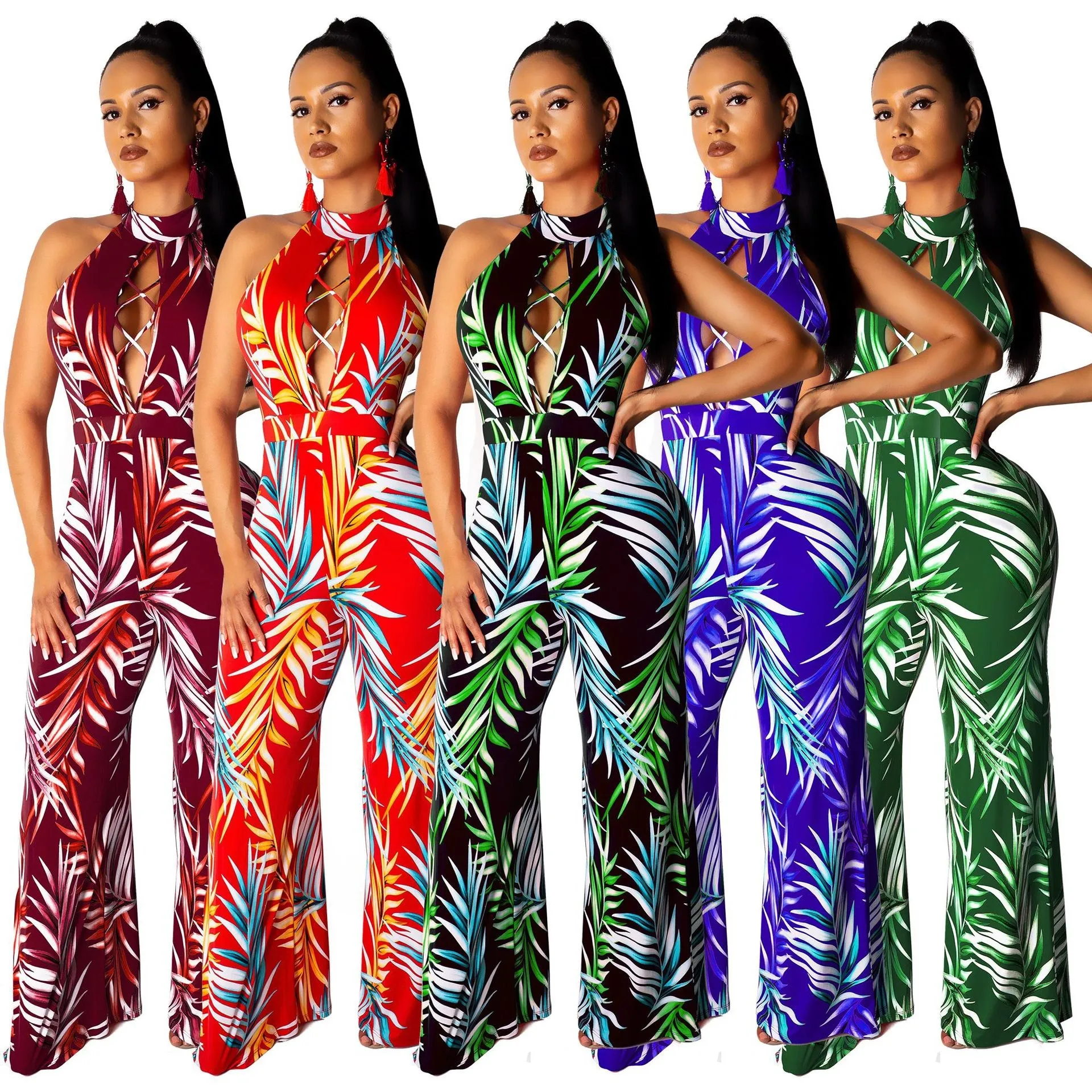 Women Sexy Halter Backless Print Floral Jumpsuit Casual Off Shoulder Hollow Out Wide Leg Rompers Straight Summer Long Overalls | Женская