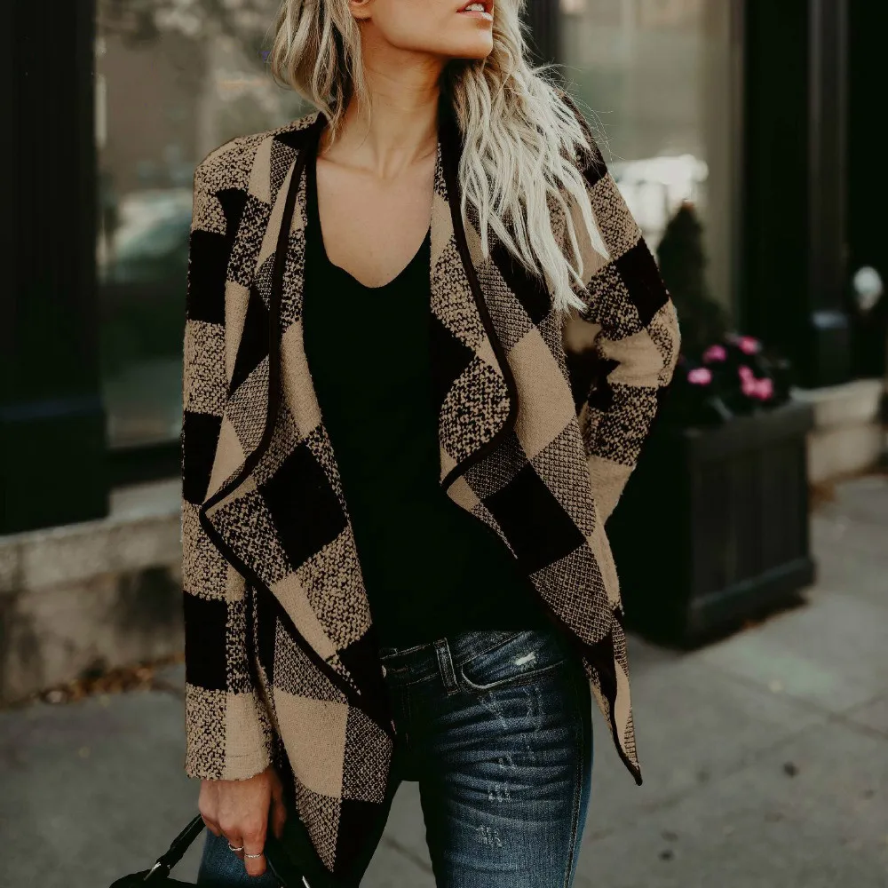 Autumn Knitted Sweaters Long Sleeve Plaid Pattern Cardigan Women Casual Outwear Warm Feminine Loose Cardigans |