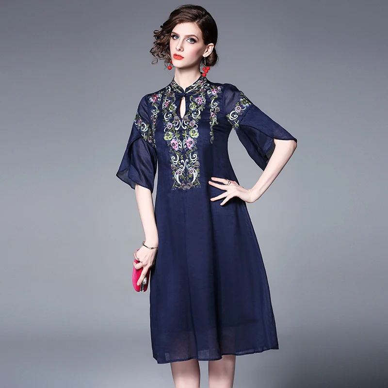 Женское платье чонсам ажурное с цветочной вышивкой в китайском стиле свободные