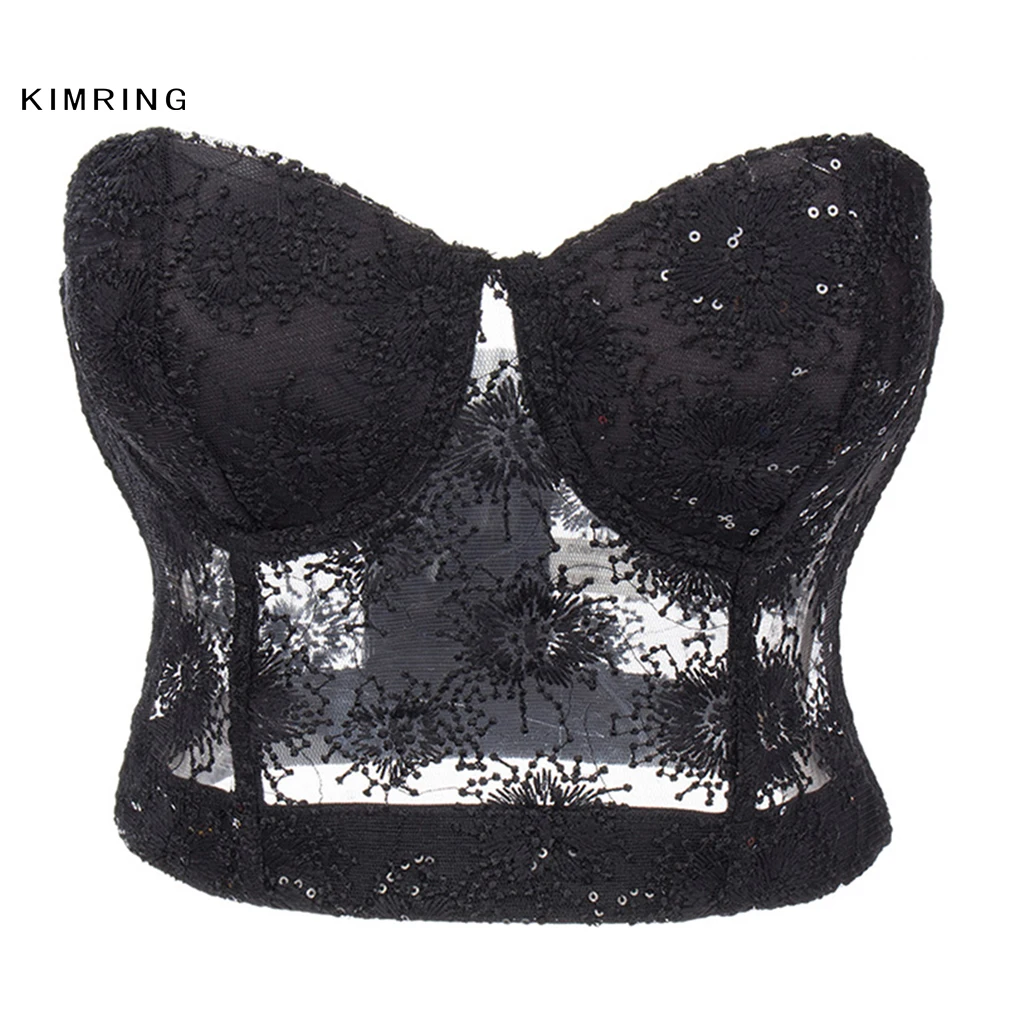 Black 2 Kimring, сексуальный летний бюстгальтер, укороченный топ, корсеты и бюстье, черное цветочное кружево, прозрачное бюстье, бюстгальтер, сексуальная клубная одежда, бюстье на косточках - Цвет: Black 2