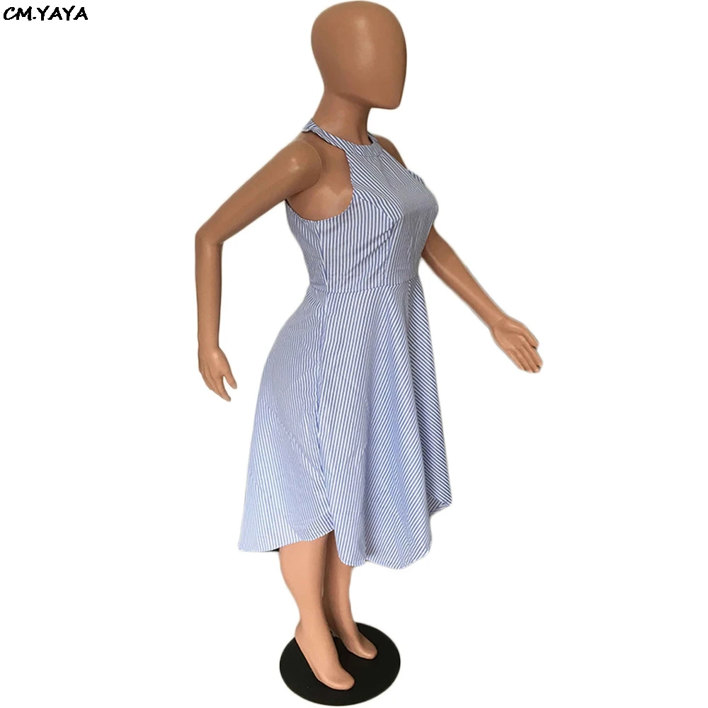 Женское летнее платье 2019 с полосатым принтом и вырезом на шее, без рукавов, с высокой талией, большим круговым подолом и неправильным краем до колен Vestidos A8067 On.