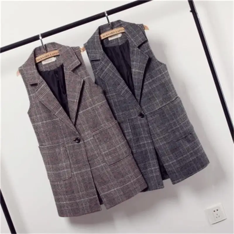 

Women Vest Plaid suit vest women spring and autumn large size New Sleeveless Korean fashion vest female long section