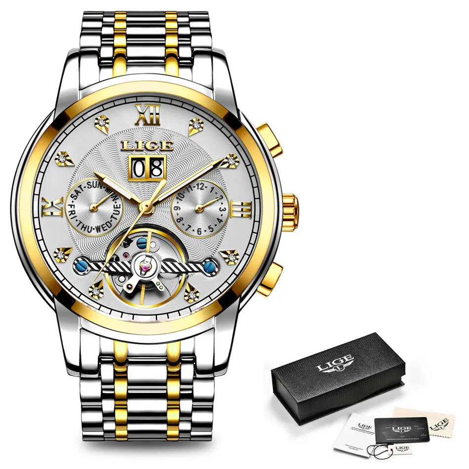 S gold White LIGE Для мужчин часы мужской лучший бренд класса люкс автоматические механические часы Для мужчин Водонепроницаемый полный Сталь Бизнес часы Relogio Masculino - Цвет: S gold White