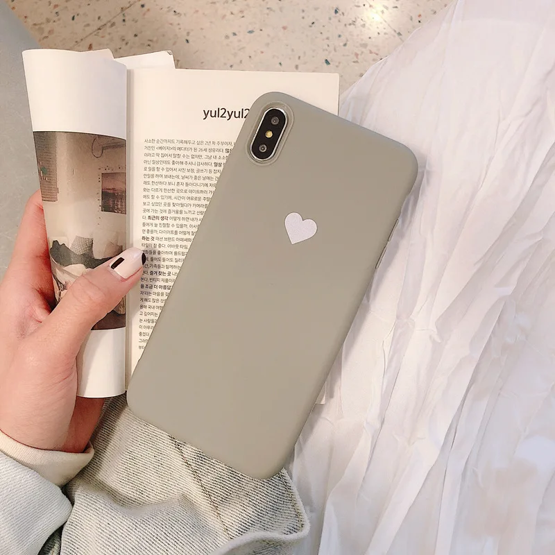 Одноцветные Силиконовые чехлы с сердечком для влюбленных пар iphone XR X XS Max 6 6S 7 8 Plus