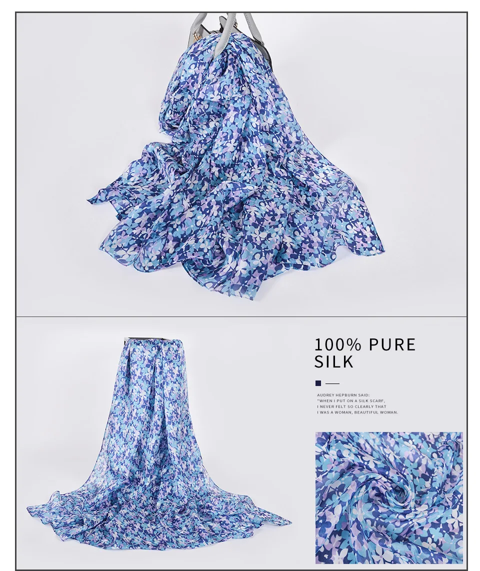 [BYSIFA] Women's Pure Silk Scarf Shawl Fashion Utra-long Scarves Printed Fall Foulard Winter Navy Blue Red Neck Scarf 180*110cm