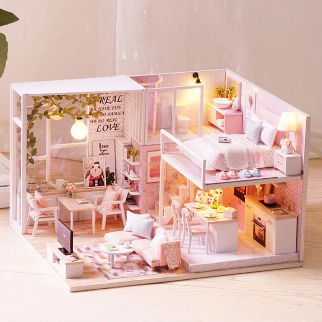 

1/24 DIY Miniature Pink Duplex Apartment Dollhouse Kits with Furniture Model, for Ages 6+