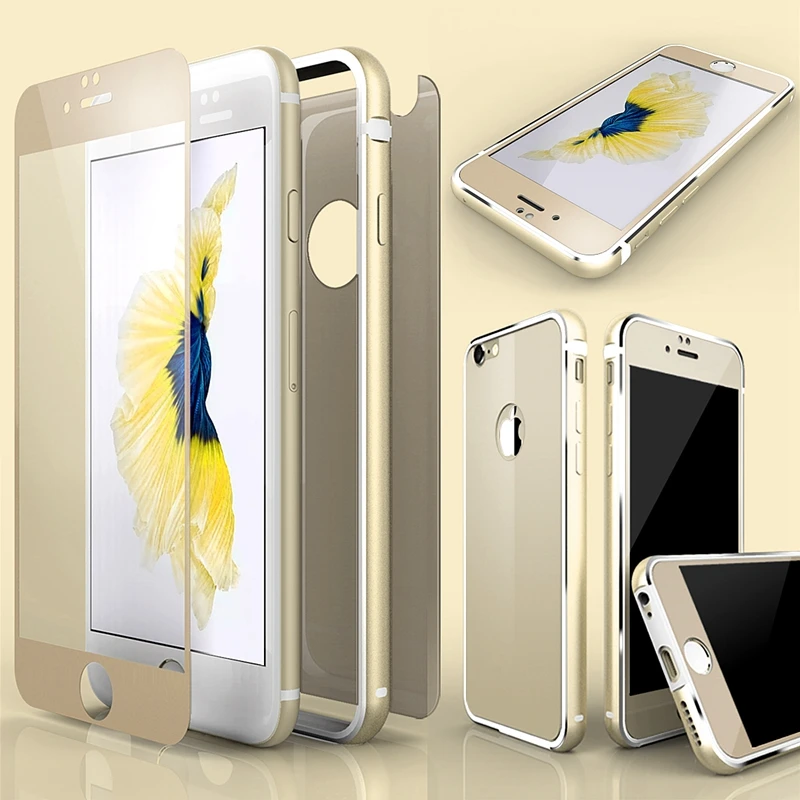 For iPhone 6 Case Luxury Rose Gold TPU Metal Bumpers + Back Front Glass Film 360 Degree Full Body Cover 6S Plus |