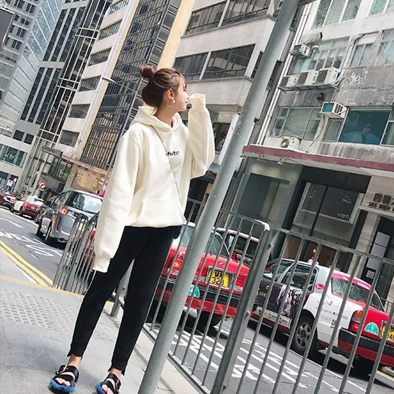 Новый женский свободный пуловер с капюшоном на флисовой подкладке осенне-зимнее