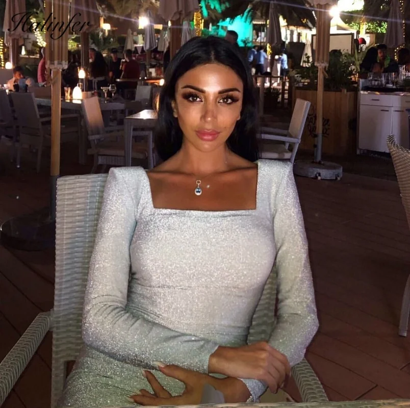 Женское облегающее платье Halinfer Белое Облегающее Платье с квадратным воротником