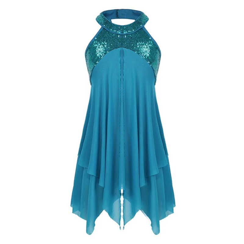 Turquoise Детское трико с лямкой на шее для девочек, с блестками, крест-накрест на спине, для лирического современного танца, костюм для девочек, бальное платье для танцев - Цвет: Turquoise