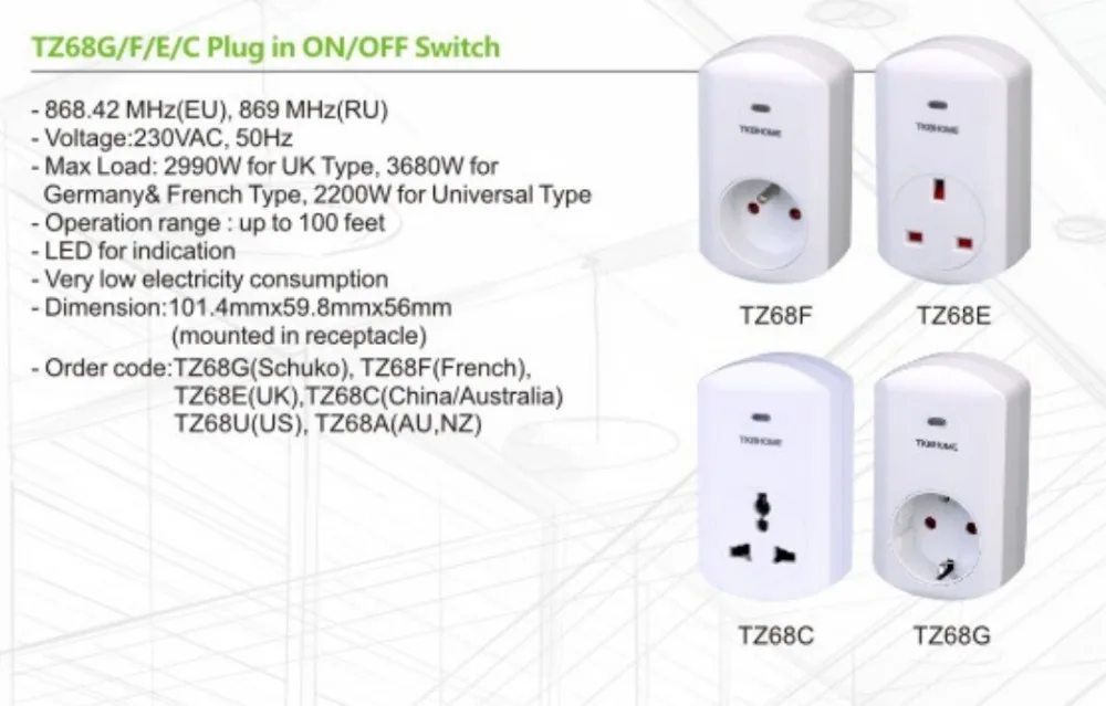 TKB Z-Wave ВКЛ./ВЫКЛ. Розетка, штекер TZ68 230 V/50Hz EU 868,42 MHz/RU 869 MHz, для модуля управления бытовой техникой