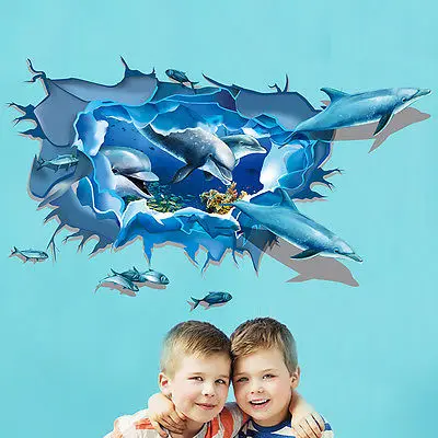 Океан 3D дельфины треснутые стены Художественная Наклейка виниловая роспись Дети
