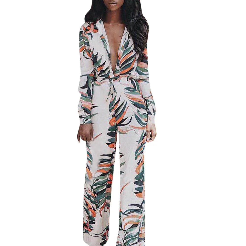 A Women Autumn Winter Fashion Sexy V-Neck Floral Leaf Printed Long Sleeve Sparkly Capelet Loose Playsuit Combinaison Pantalon 50 - Цвет: A