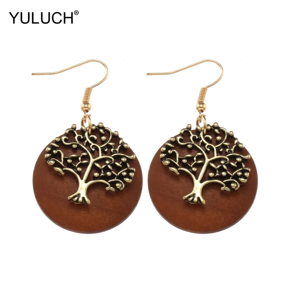 

YULUCH Big Round Wood African Alloy Tree Black Wood Drop Earings Ethnic Dangle Hanging Boho Pendant Earrings For Women Jewelry