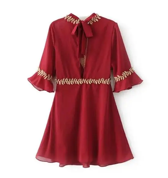 Лето 2017 г. женщины красный лук Lace Up О образным вырезом с Сетчатое платье пикантные