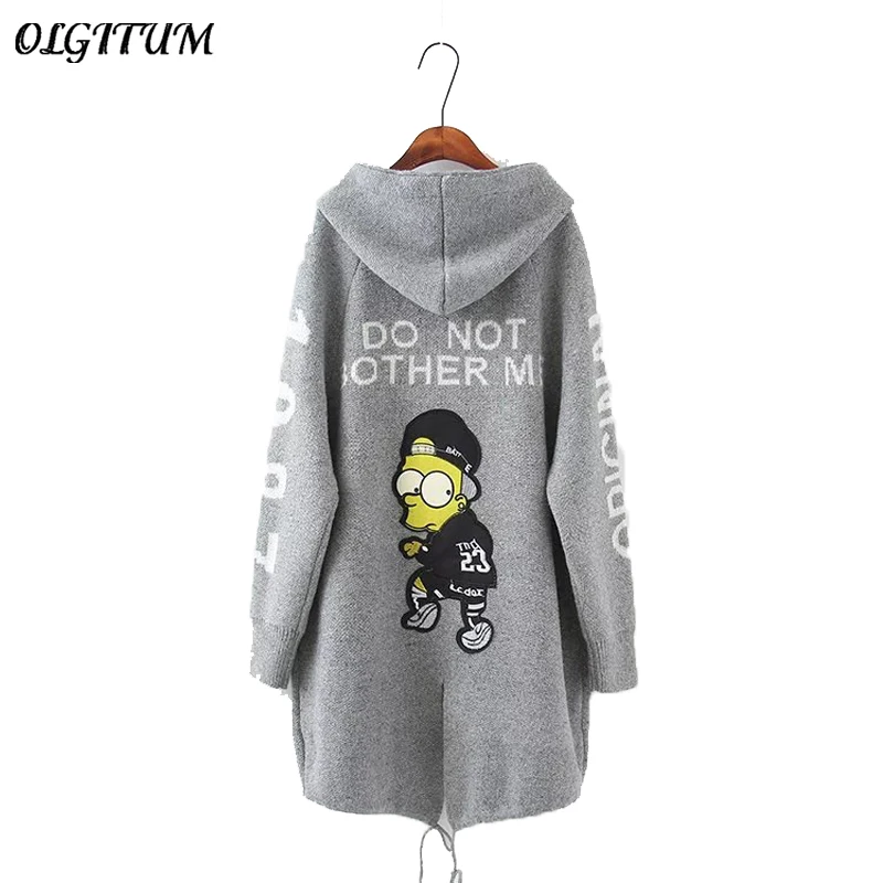 OLGITUM 2019 new Cardigan Sweater loose coat Cartoon embroidery hooded knitted sweatersfor Wome Fall Warm Thick Poncho Jacket |