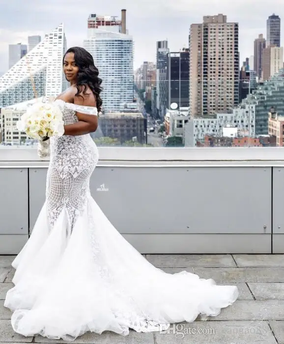Mermaid Wedding Dresses Modest Plus Size Off Shoulder Trumpet Bridal Gowns Sweep Train Tulle Lace African Dress Custom M | Свадьбы и