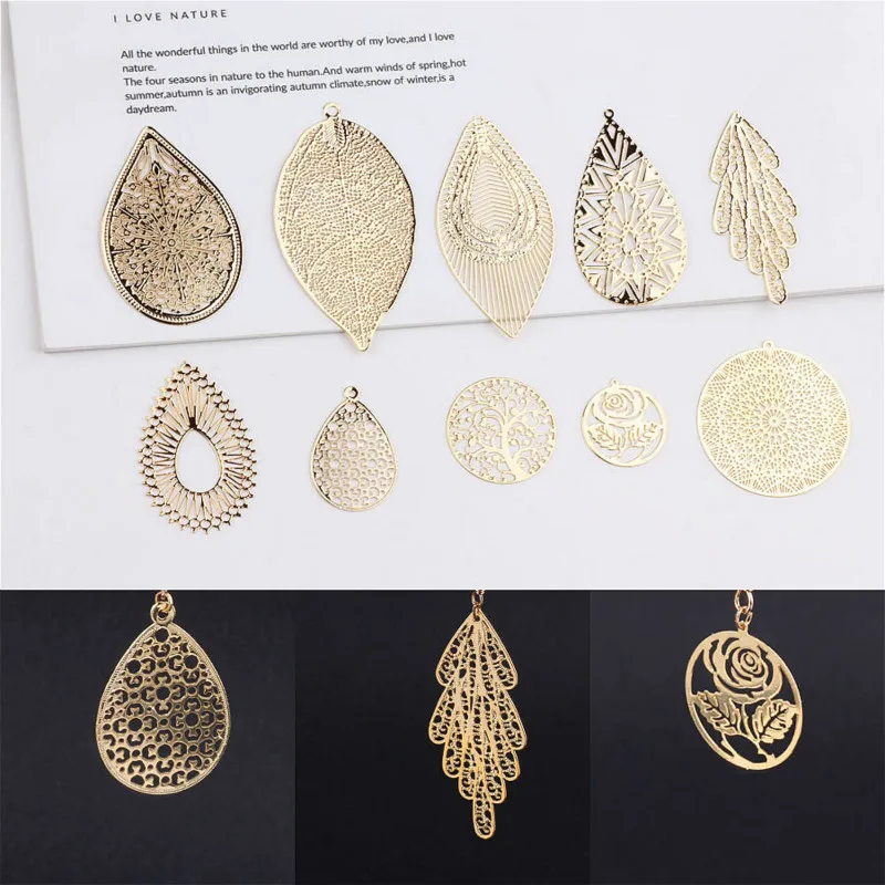 DIY ювелирные изделия для ушей, медное покрытие, серьги, кулон, материал 18 k, настоящее золото, капли воды, листья, Круглые, Mori, ретро, 4 штуки